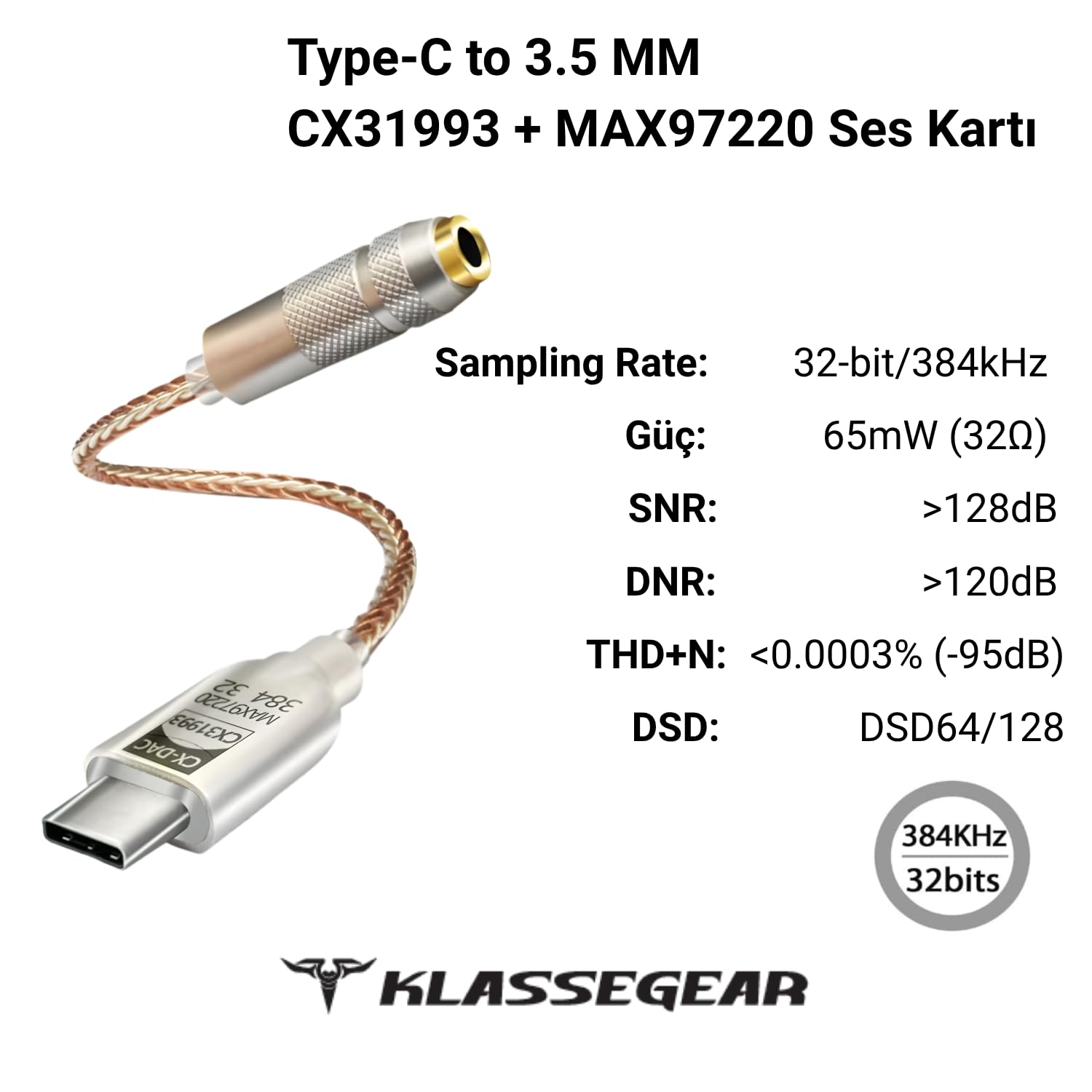 Klasse Type-C - 3.5 CX31993 MAX97220 Çip HiFi DAC Ses Kartı